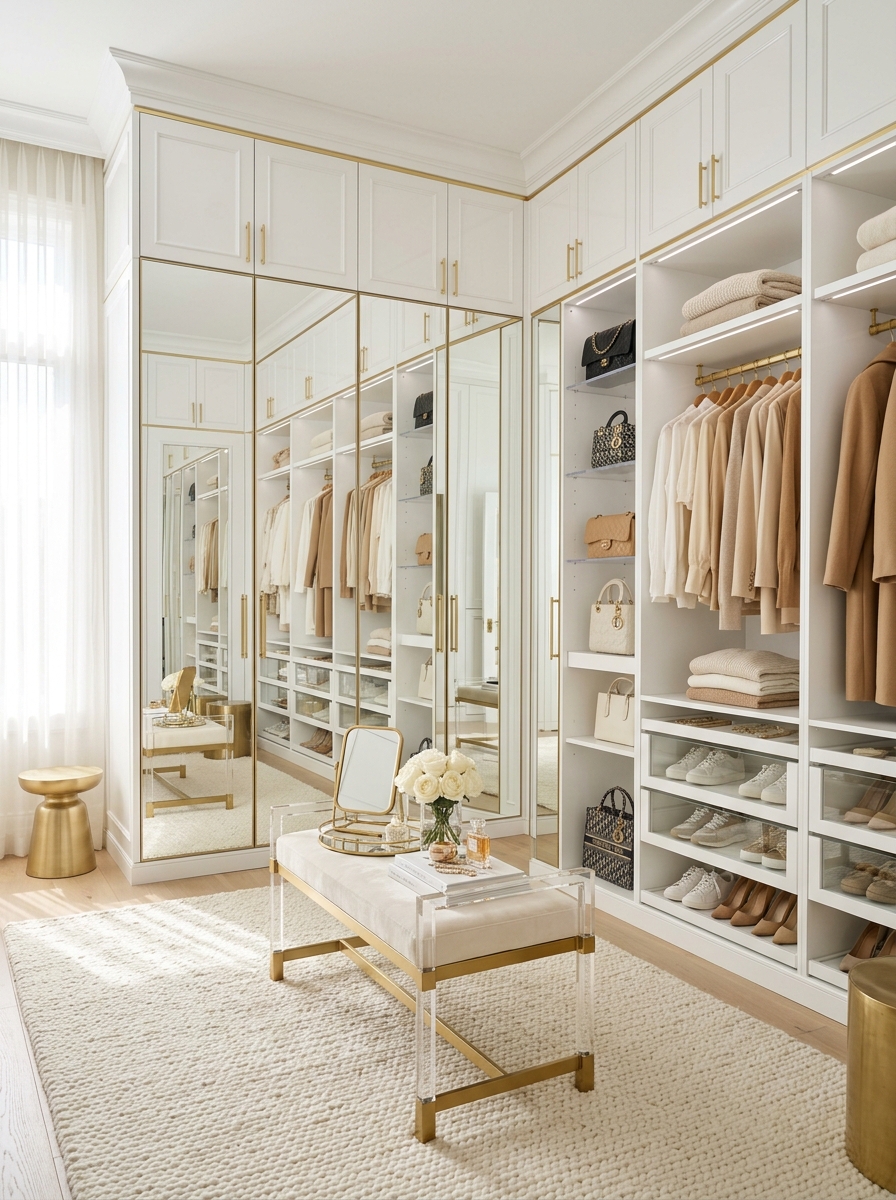 Bright White Closet With Floor-to-Ceiling Mirrors