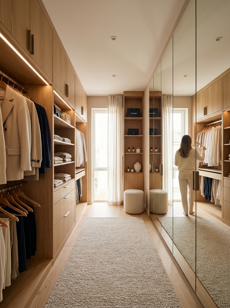 Warm Minimalist Closet with Floor-to-Ceiling Mirrors