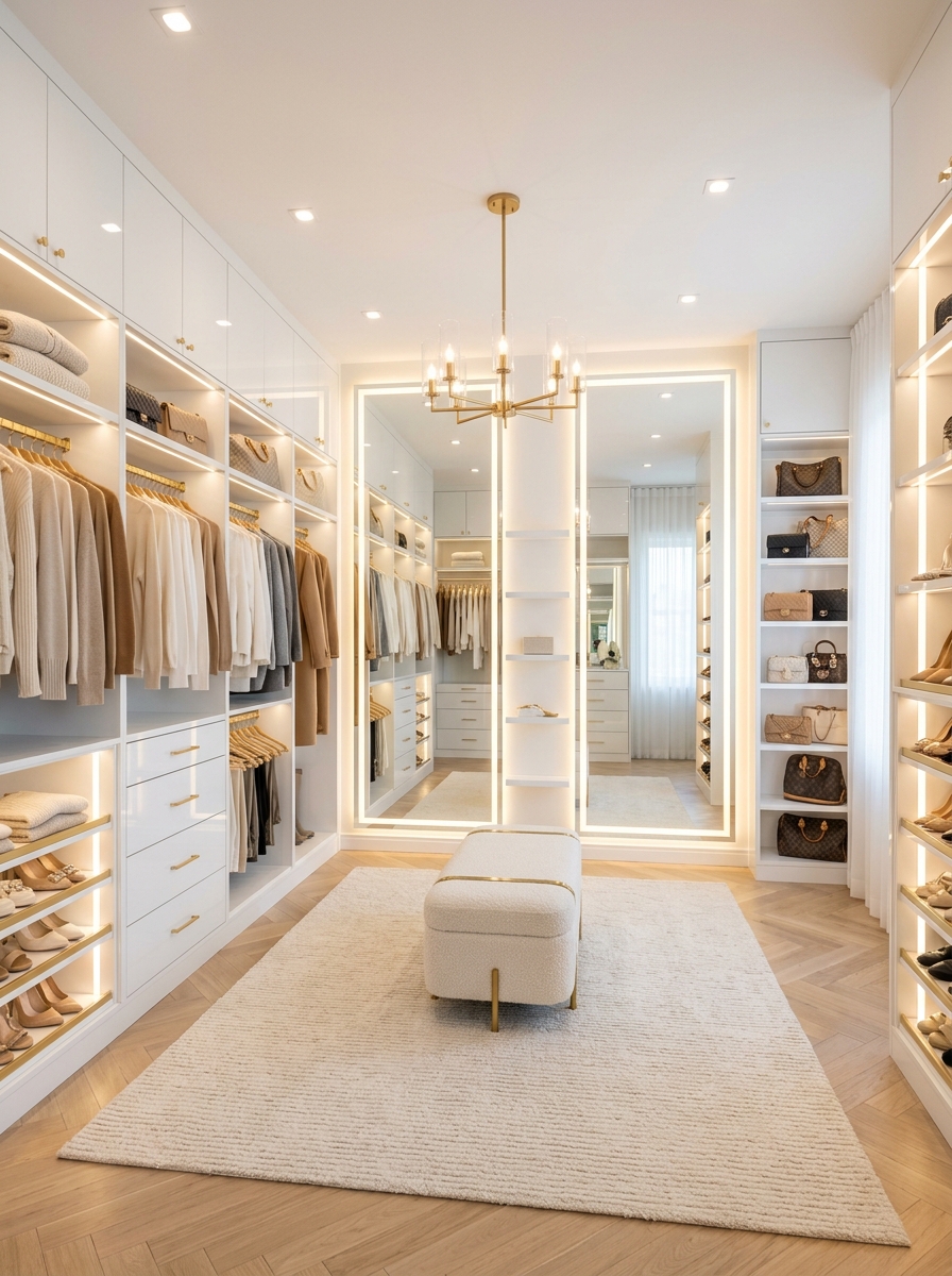 Bright White Closet With Mirror Illusion Styling