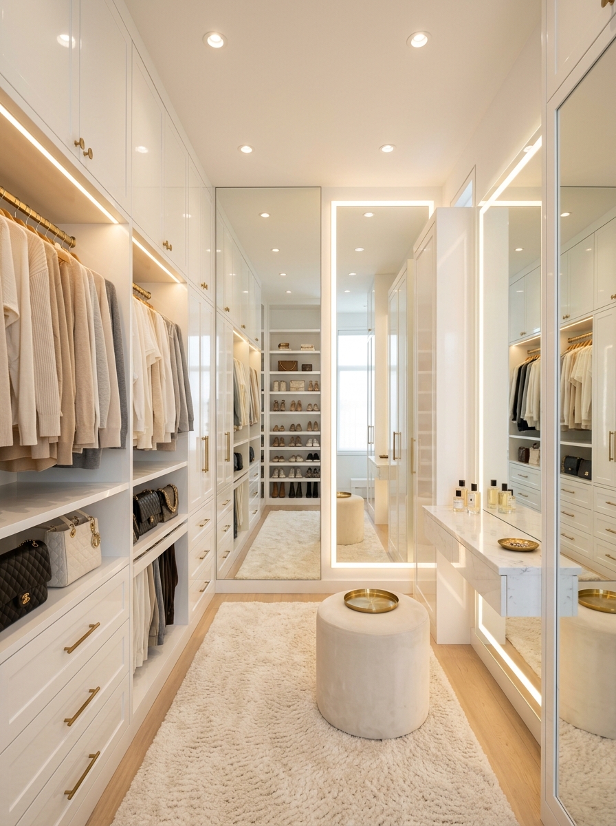 Bright White Closet With Mirror Illusion Styling
