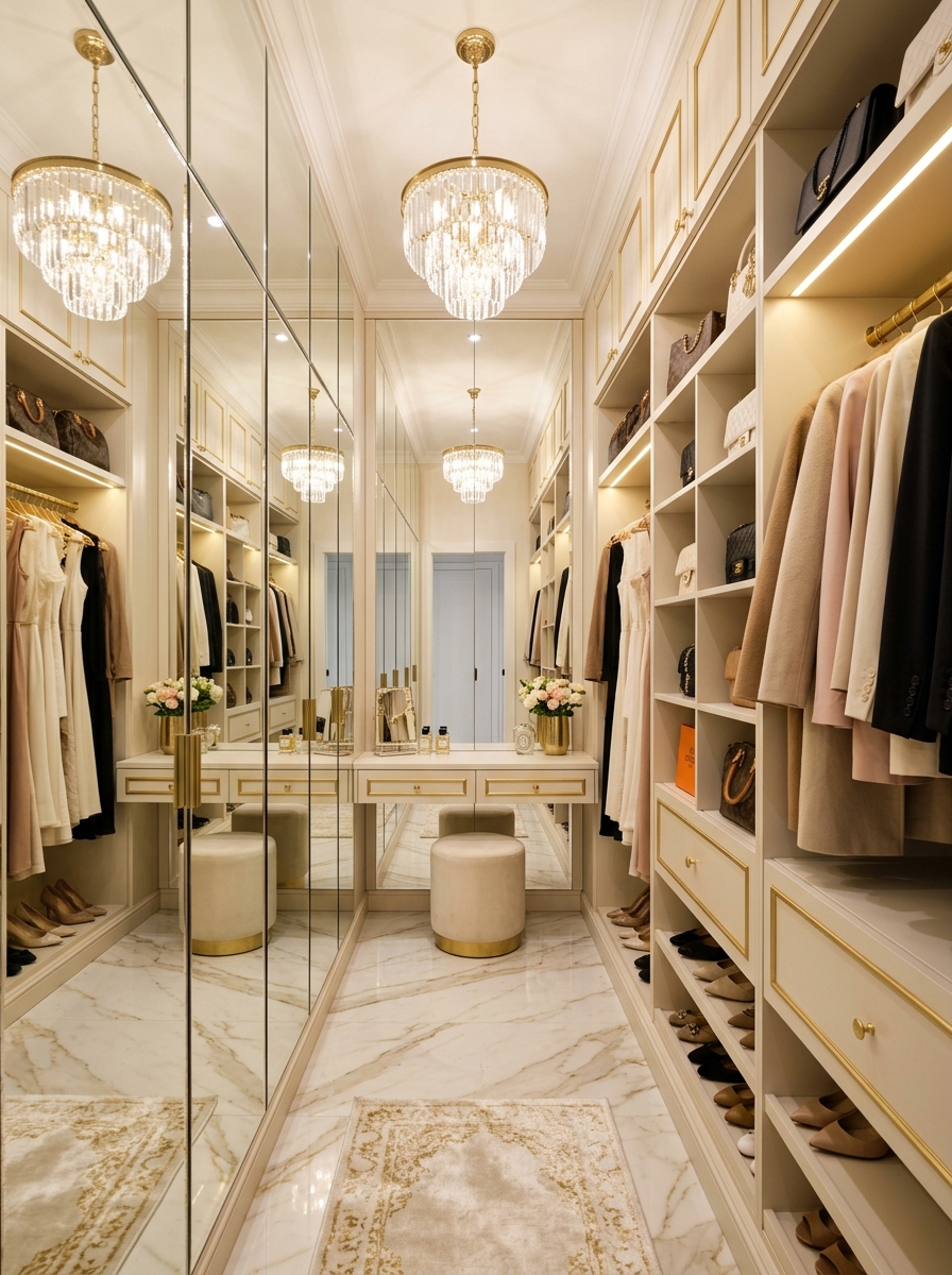 Mirror-Lined Walk-In Closet for a Larger Feel