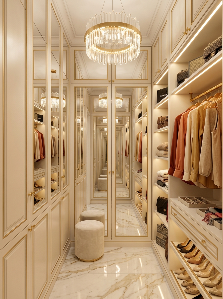 Mirror-Lined Walk-In Closet for a Larger Feel