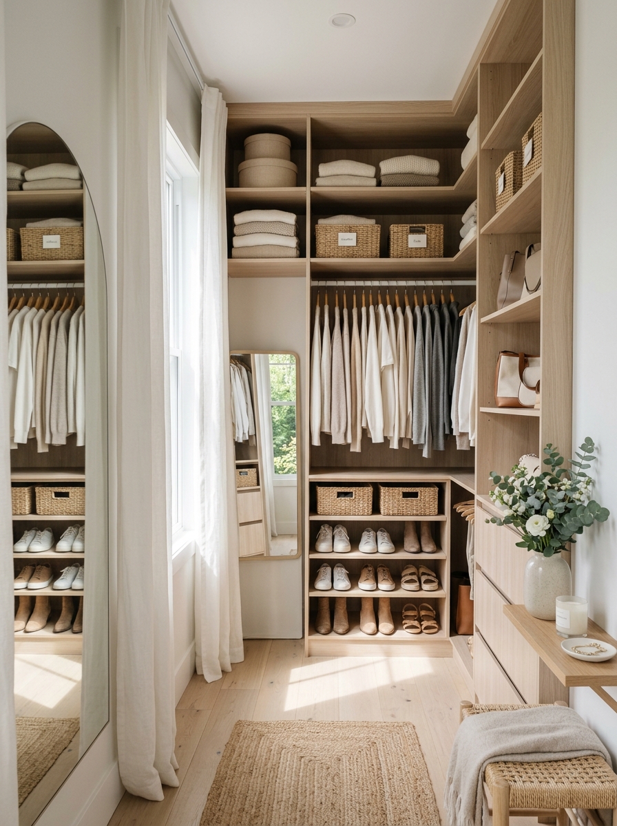 Airy Closet with Large Mirrors and Natural Light