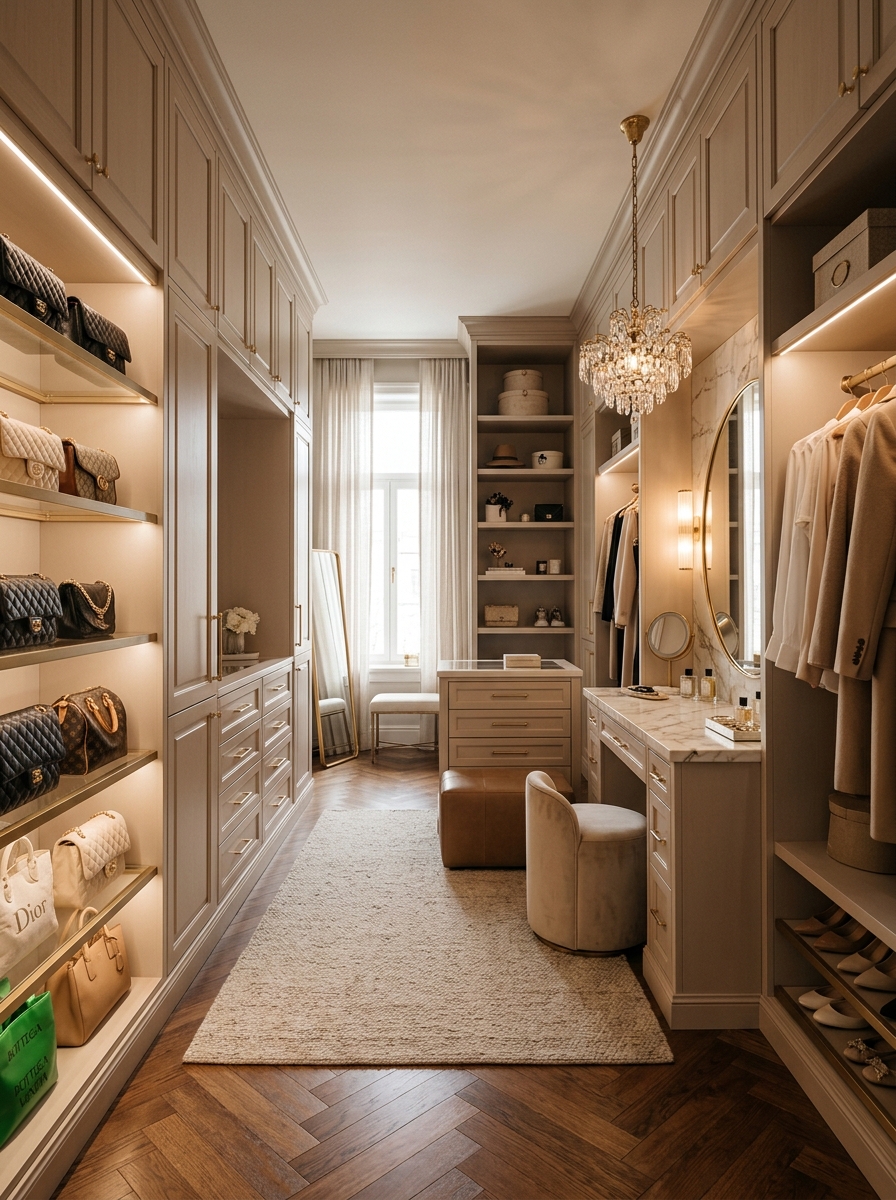 Elegant Neutral Closet with Hidden Storage Panels