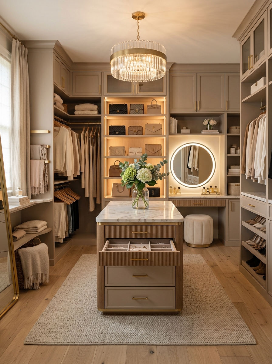 Soft Glam Closet with Gold Accents and Neutral Harmony