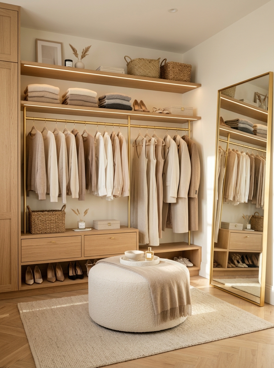 Soft Neutral Walk-In Closet with Warm Lighting