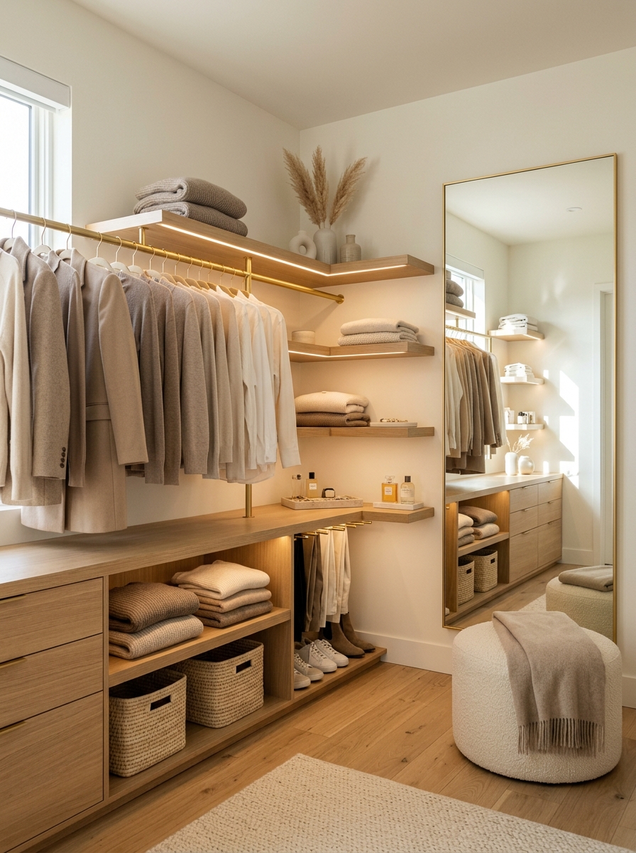 Soft Neutral Walk-In Closet with Warm Lighting