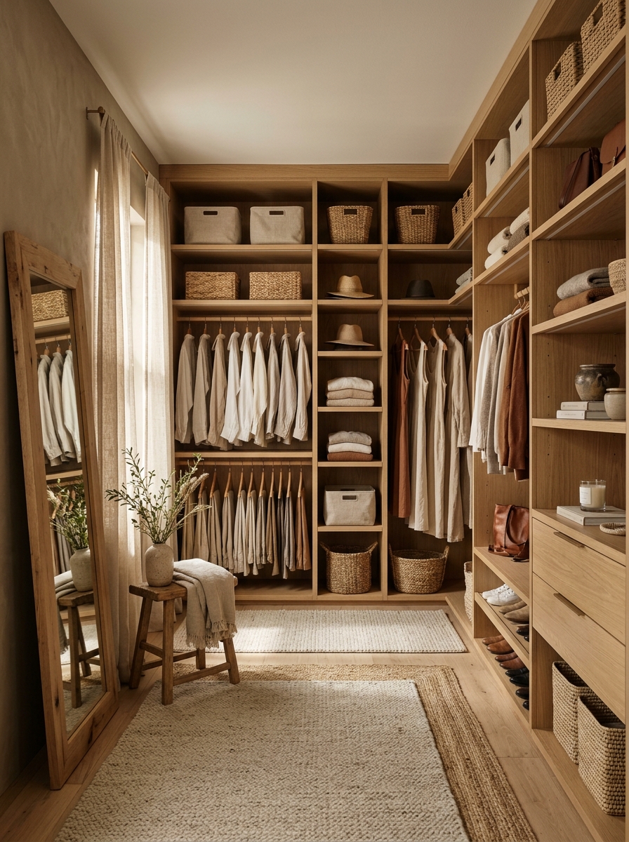 Earthy Walk-In Closet with Taupe and Oak Finishes