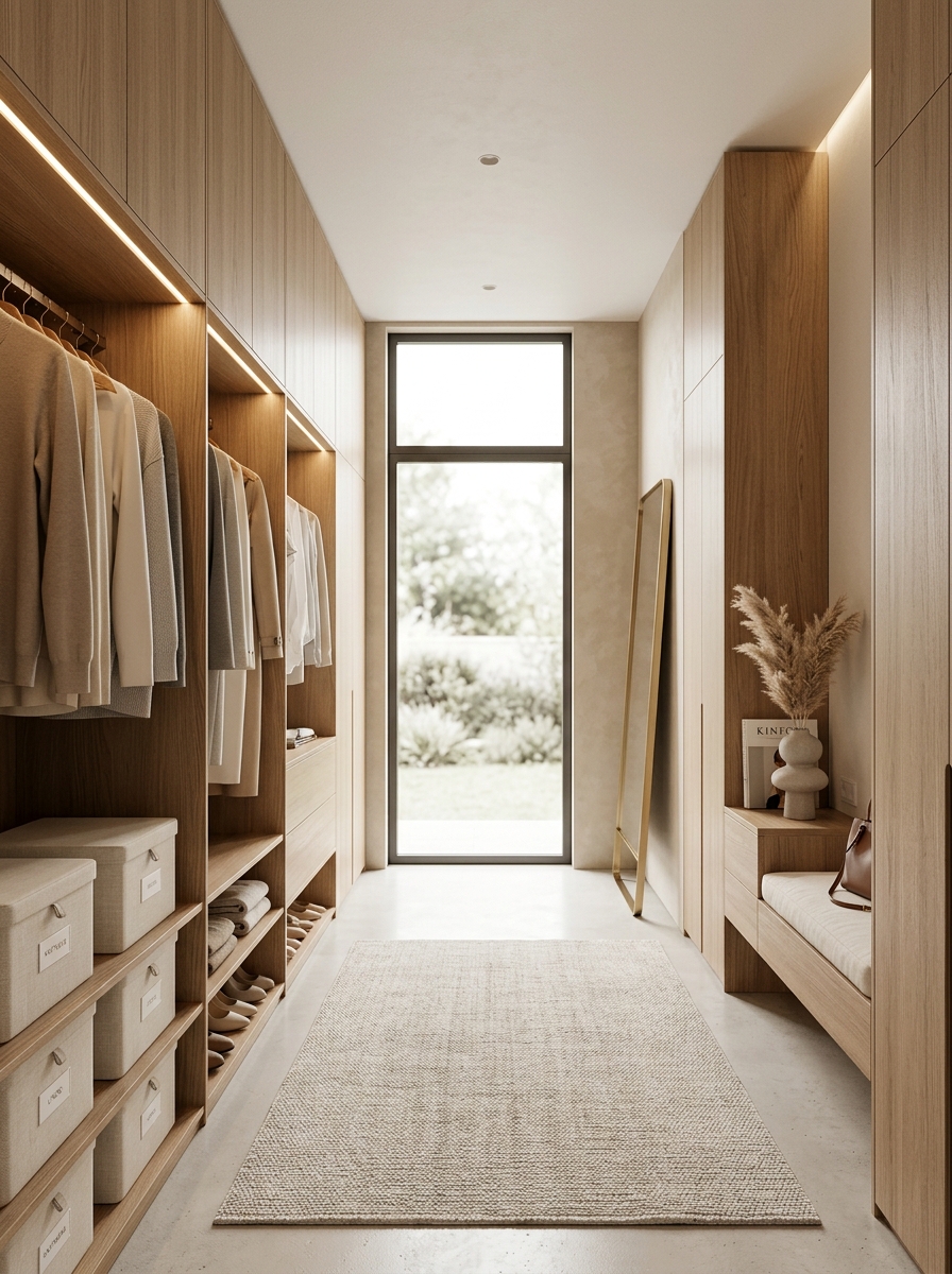Soft Warm Minimalist Walk-In Closet with Oak Finishes