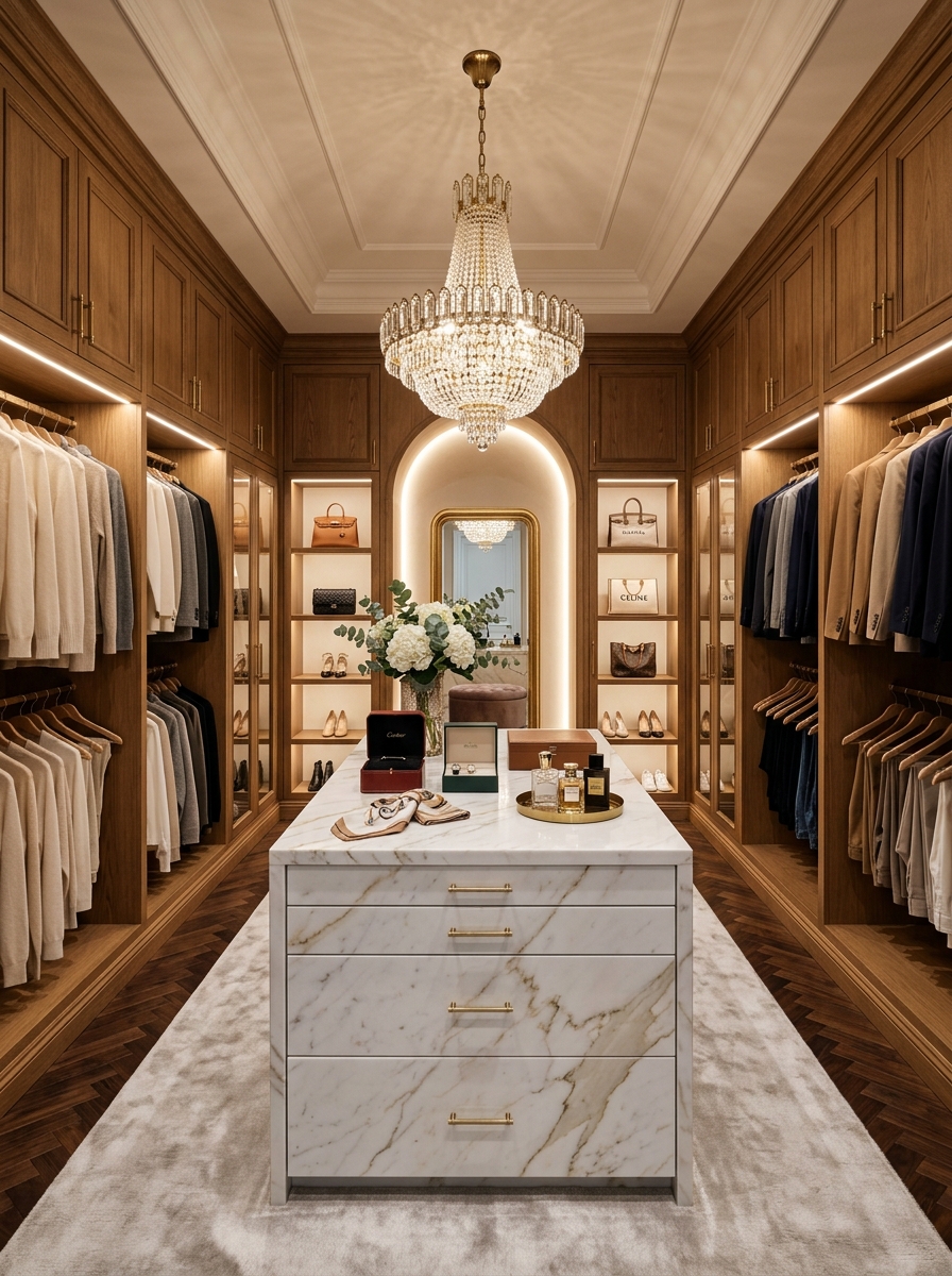 Grand Luxury Walk-In Closet with Statement Chandelier