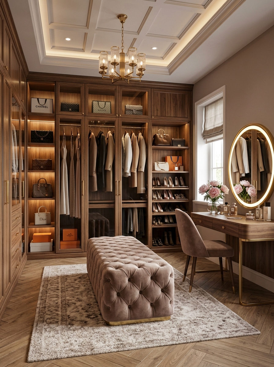 Soft Luxury Closet with Upholstered Seating Corner