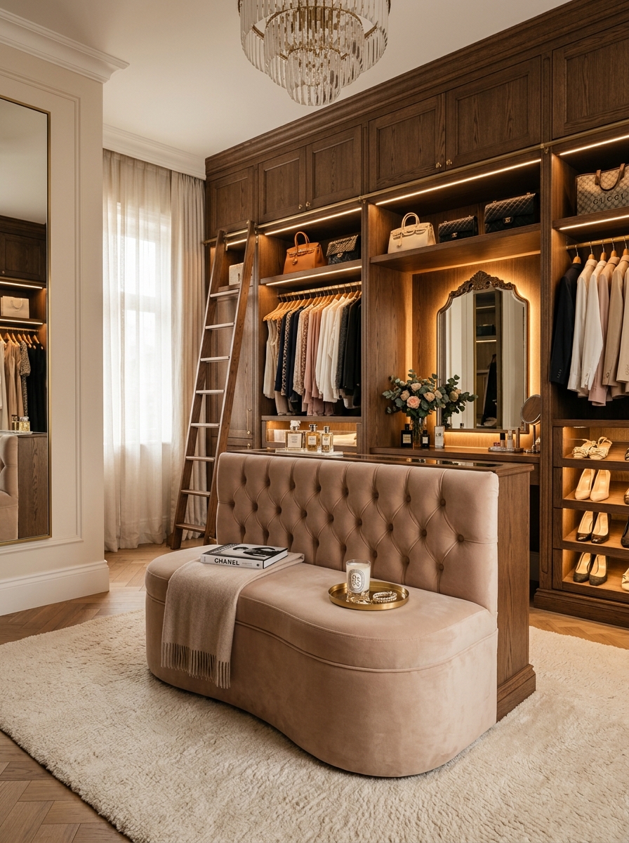 Soft Luxury Closet with Upholstered Seating Corner