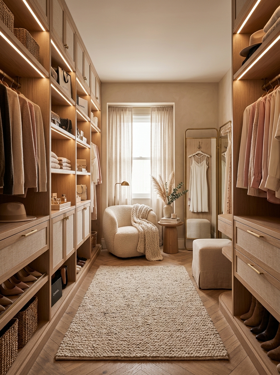 Soft Luxury Walk-In Closet with Cozy Seating Nook