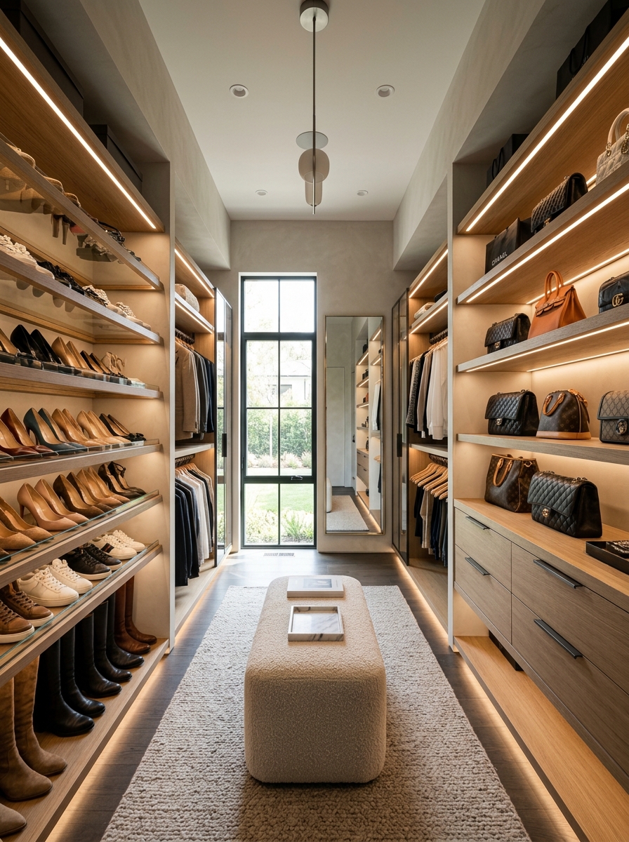 Contemporary Closet with Floating Wood Shelves