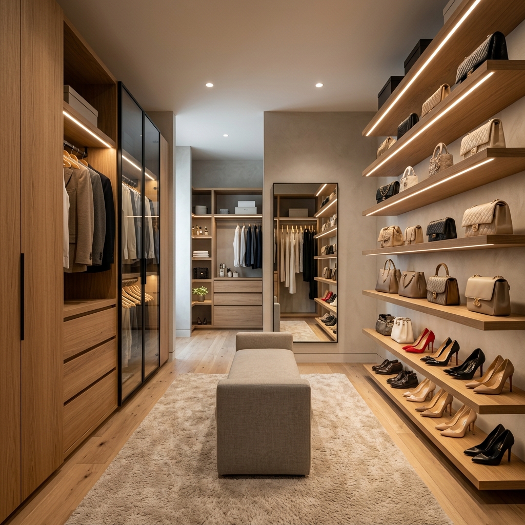 17 Aesthetic Walk-In Closet Design in Warm Wood & Neutrals