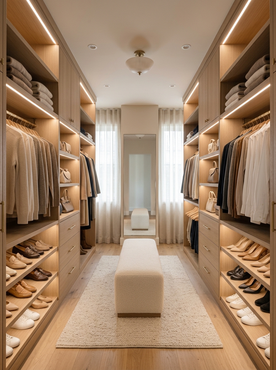 Soft Beige Walk-In Closet with Balanced Lighting