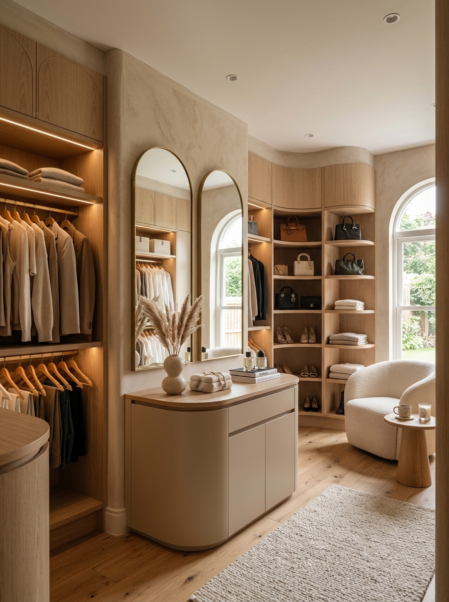 Warm Beige Closet with Curved Architectural Details