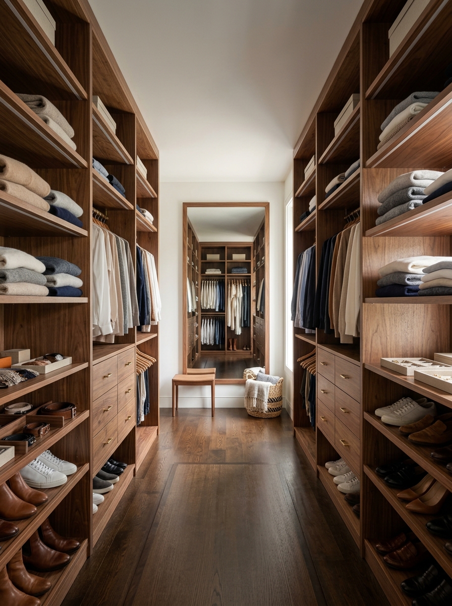 Warm Wood Closet with Open Display Symmetry
