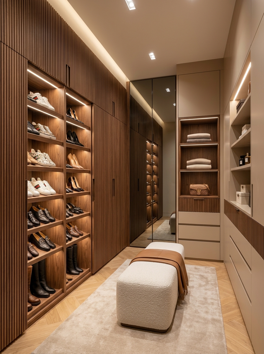 Modern Closet With Hidden Shoe Wall Storage
