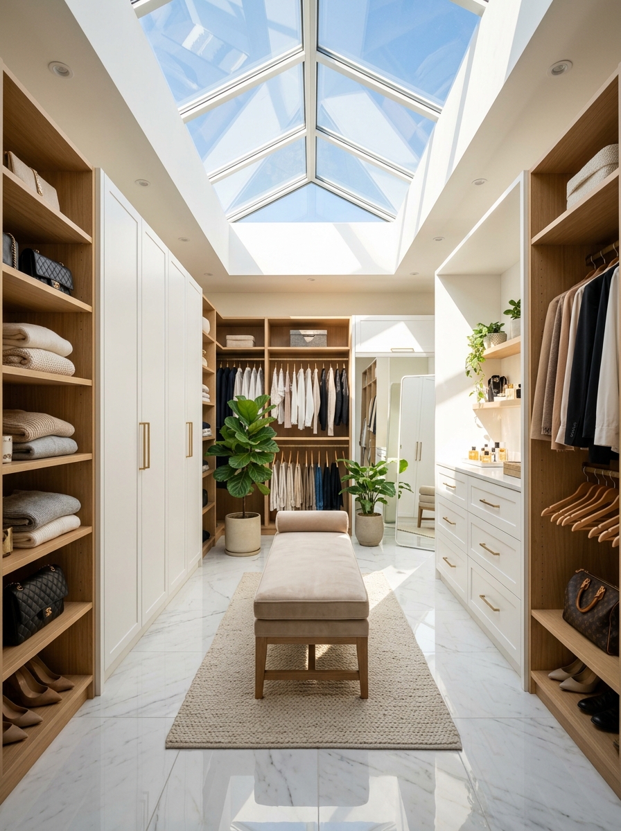 Bright Airy Walk-In Closet with Skylight Ceiling