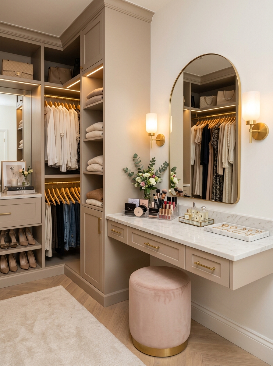 Chic Corner Closet With Built-In Vanity Area