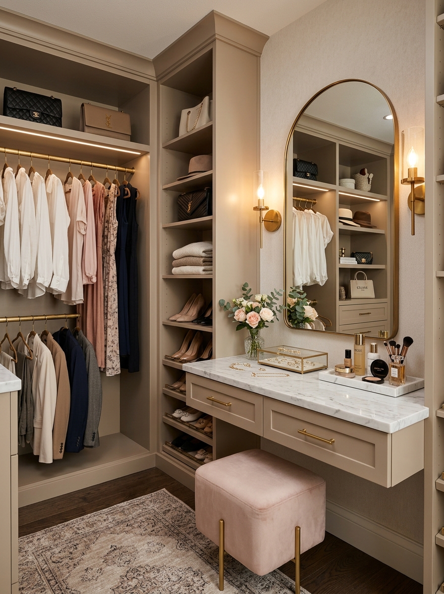 Chic Corner Closet With Built-In Vanity Area
