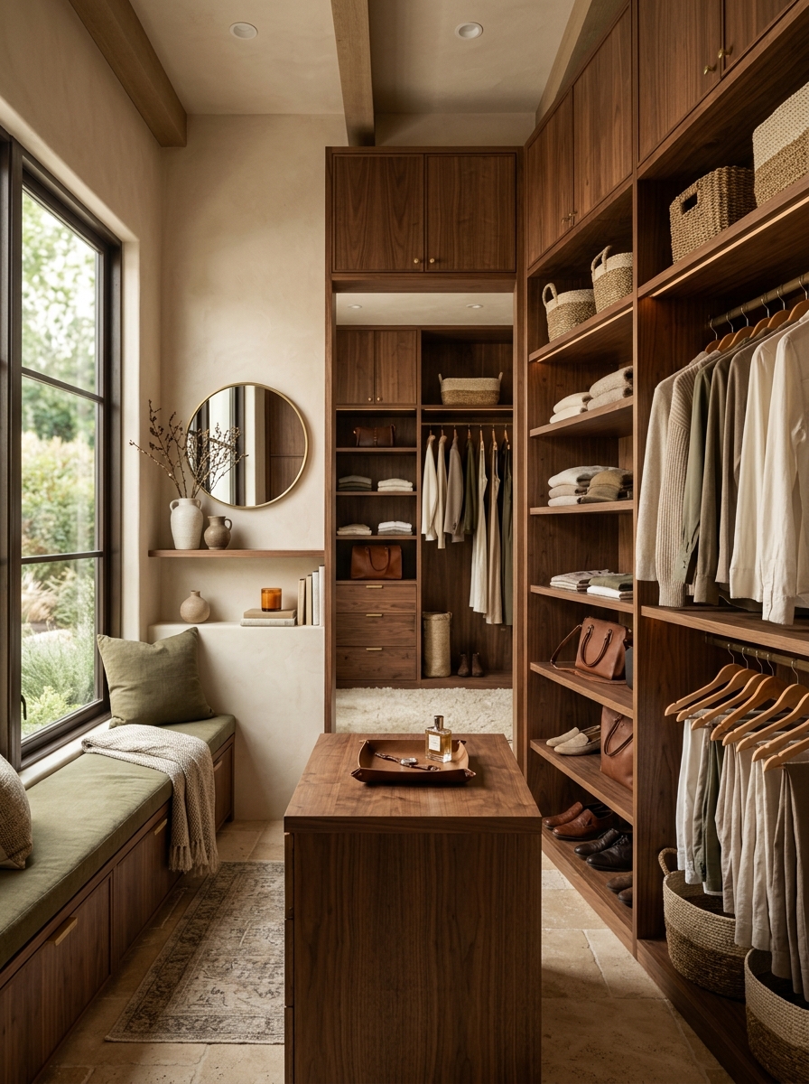 Earthy Modern Closet with Walnut Wood and Olive Accents