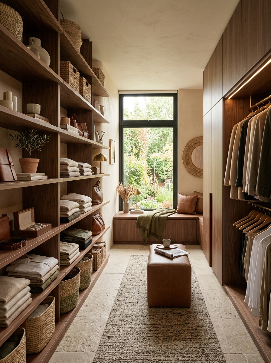 Earthy Modern Closet with Walnut Wood and Olive Accents