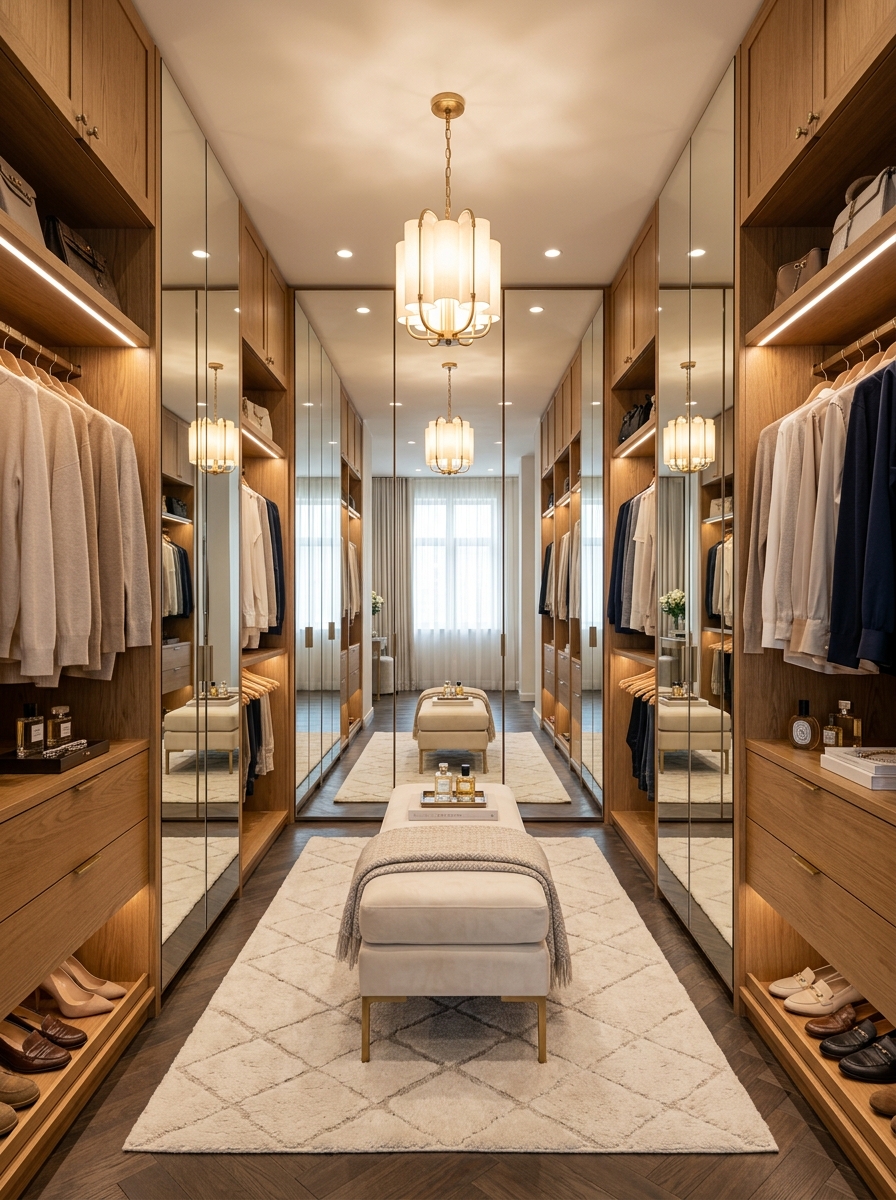 Elegant Corner Closet with Soft Lighting & Space Optimization