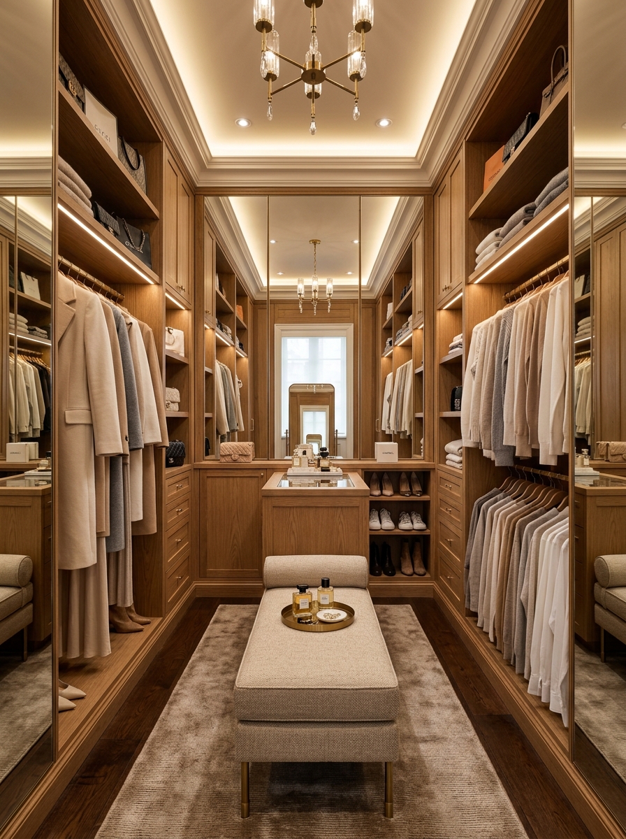 Luxury Walk-In Closet with Floor-to-Ceiling Mirror Walls