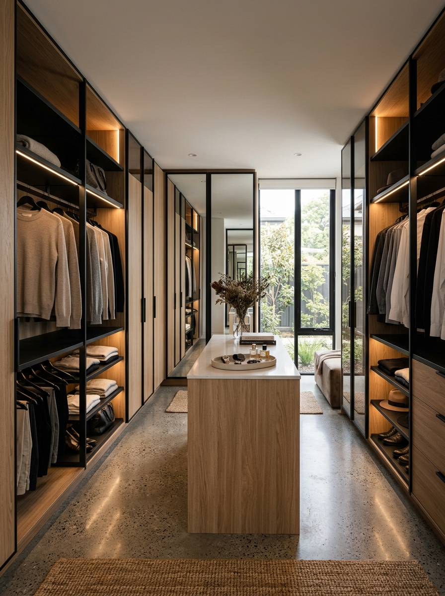 High-Contrast Closet with White Oak and Black Accents