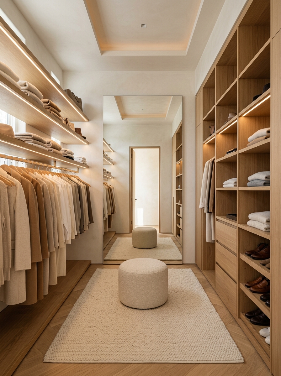 Minimalist Neutral Closet with Hidden Lighting