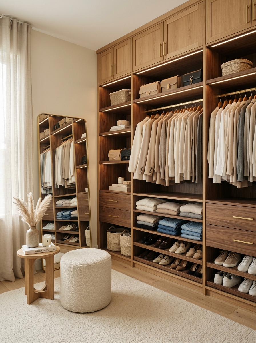 Soft Neutral Walk-In Closet With Warm Wood Accents