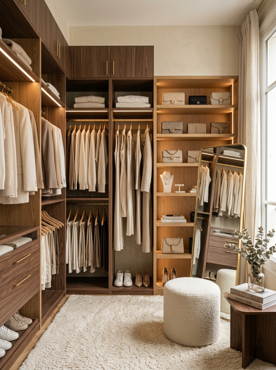 Soft Neutral Walk-In Closet With Warm Wood Accents