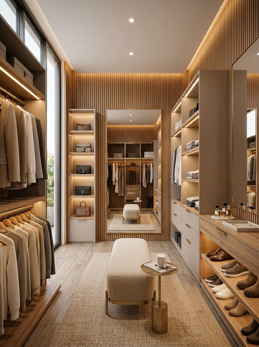 Modern Walk-In Closet with Warm Wood Slat Walls