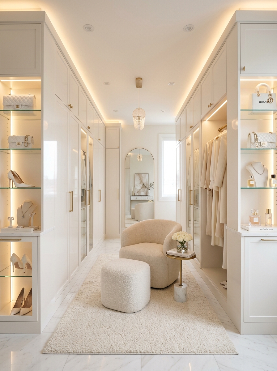 Elegant All-White Boutique Closet with Soft Layers
