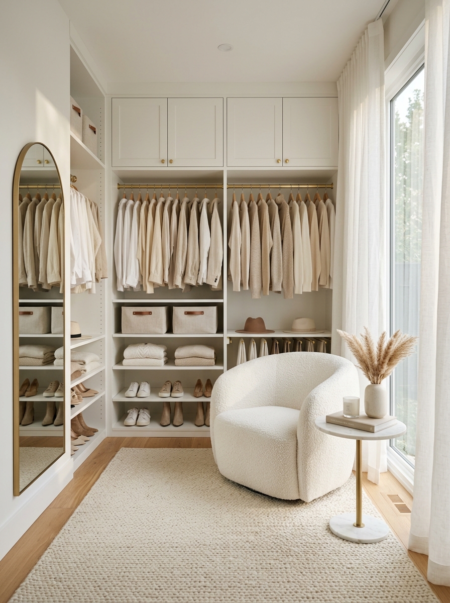 All-White Minimalist Closet with Layered Textures