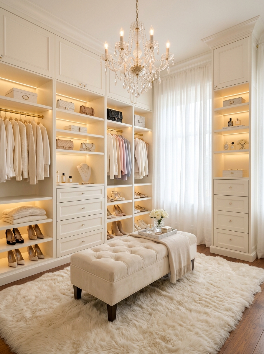 Dreamy All-White Closet with Soft Ambient Glow