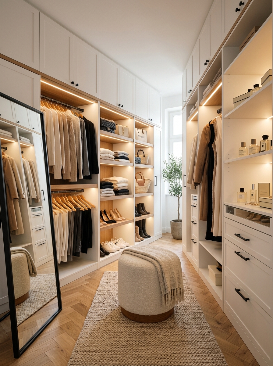 Minimal White Closet with Soft Black Accents