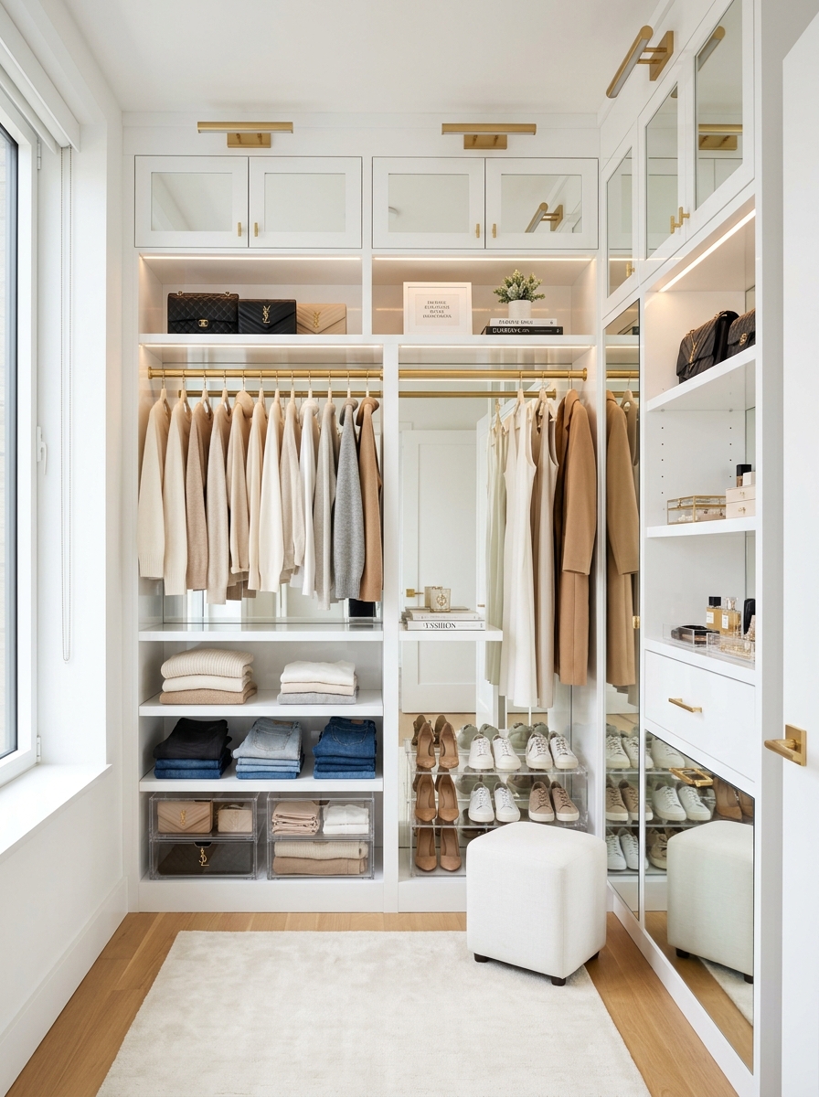 Bright White Closet with Reflective Finishes