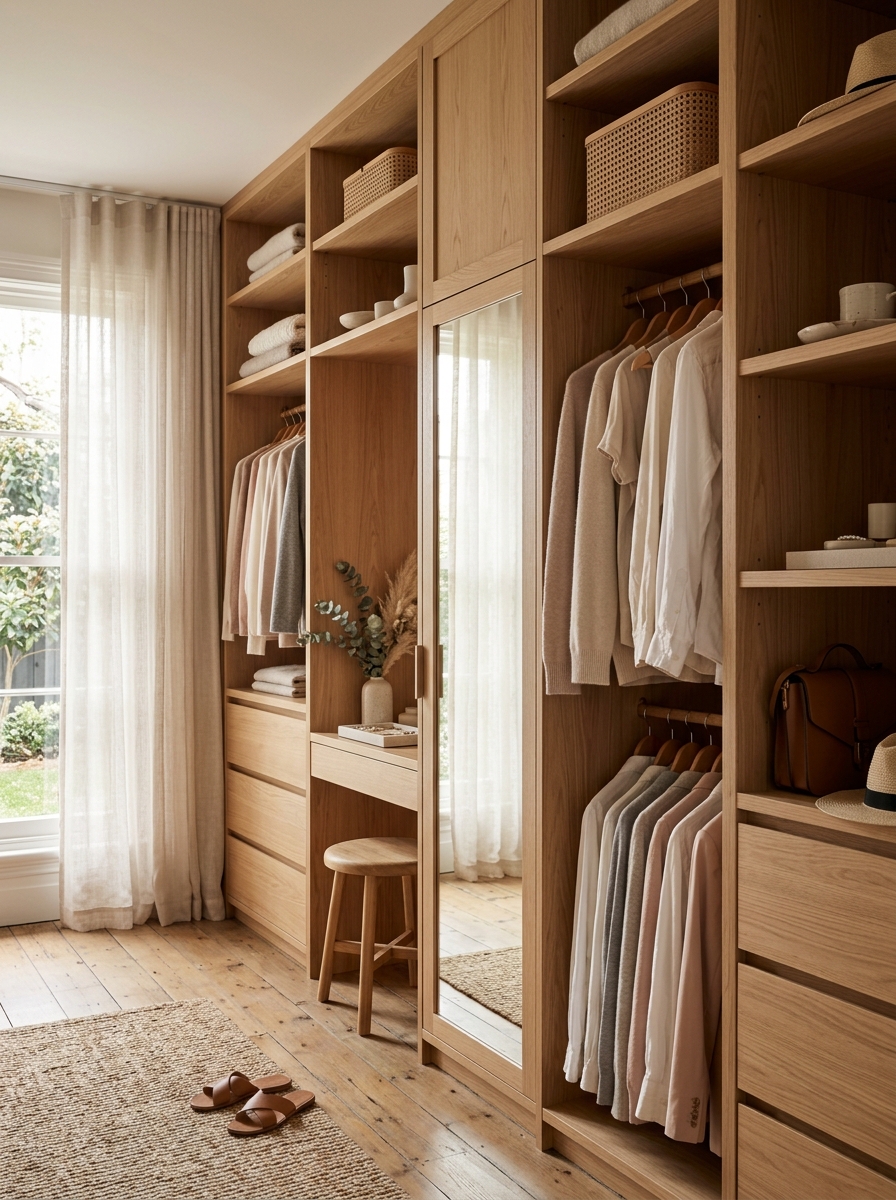 Dreamy Warm Wood Closet with Natural Light Focus