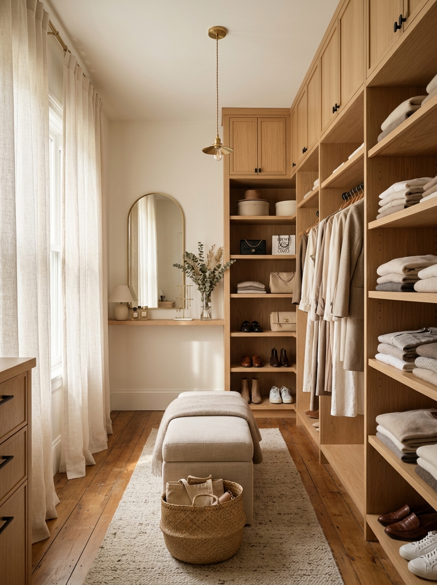 Dreamy Warm Wood Closet with Natural Light Focus