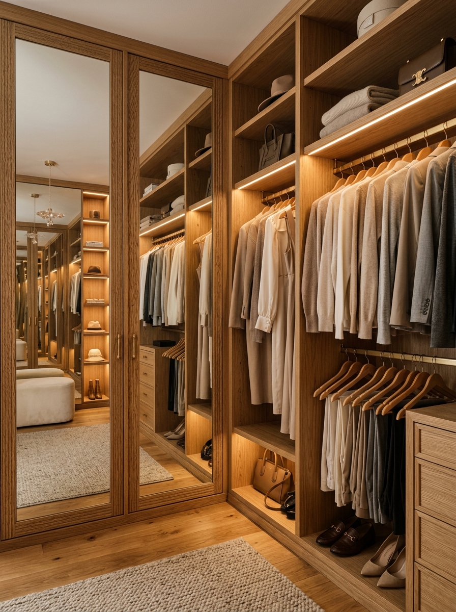 Luxury Closet with Mirror Panel Integration