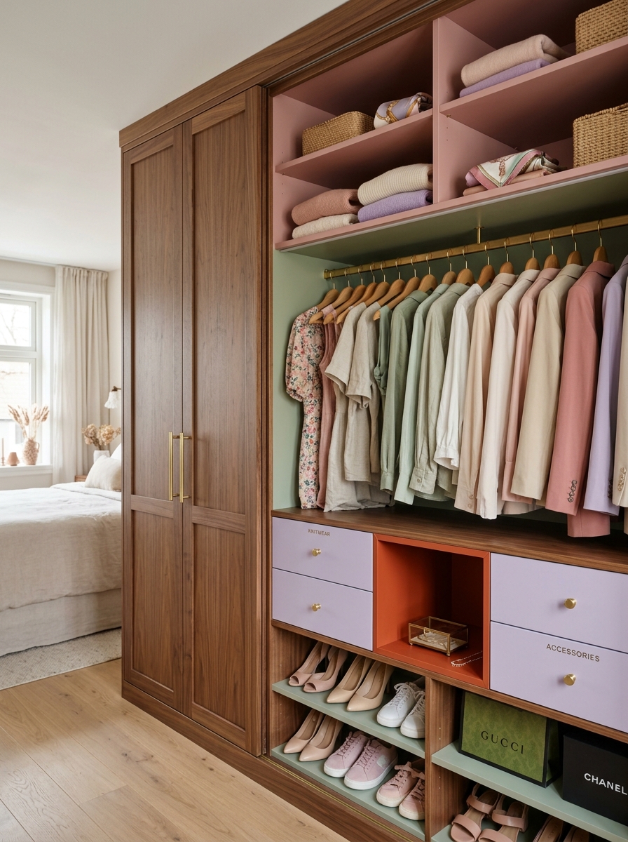 Soft Feminine Closet with Pastel Interior Accents