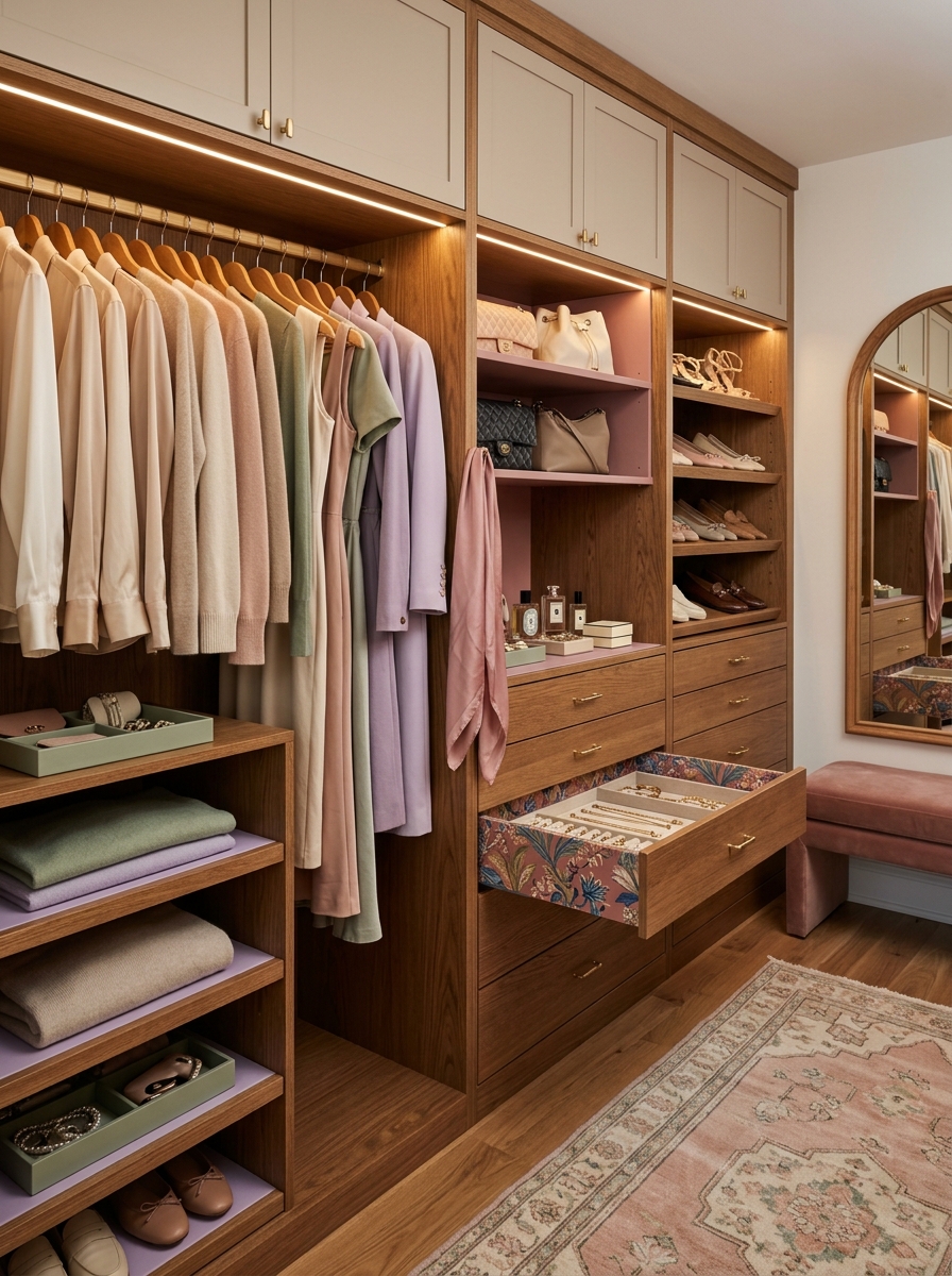 Soft Feminine Closet with Pastel Interior Accents