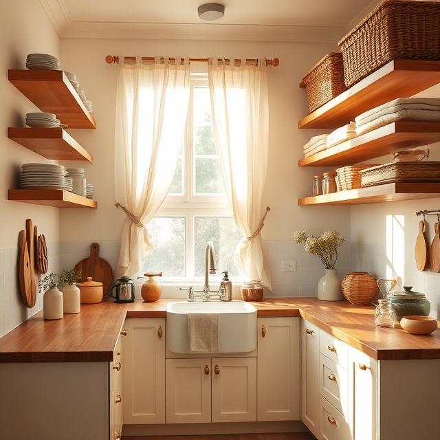 Warm White Farmhouse Kitchen with Open Wooden Shelving