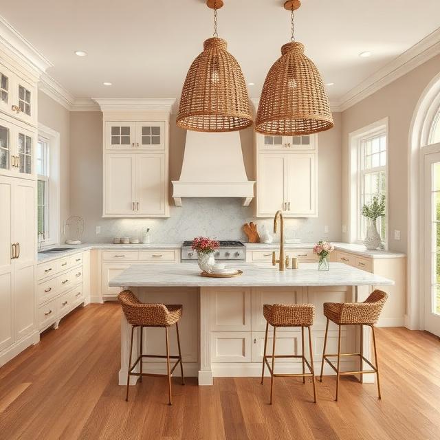 Neutral Farmhouse Kitchen With Statement Pendant Lighting