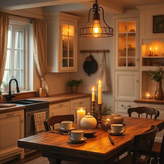 Romantic Farmhouse Kitchen with Candlelight Ambience
