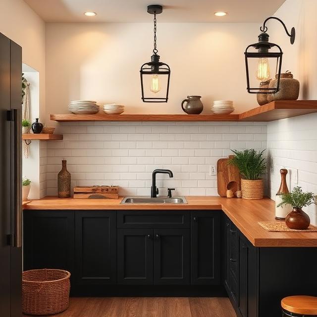 Tiny Farmhouse Kitchen with Black and Wood Contrast