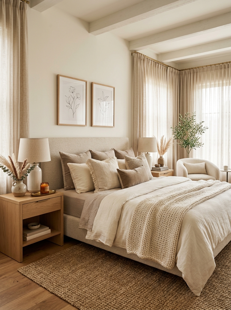 Soft Neutral Sanctuary with Layered Linen Bedding